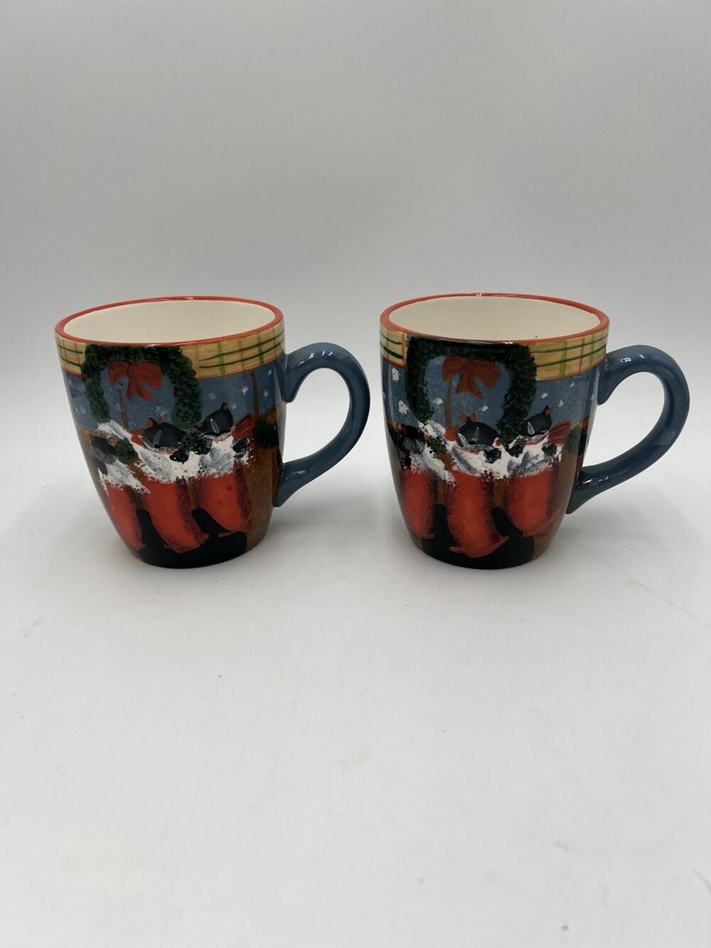 Oneida Cat Friends Fiddlestix Christmas Cat Coffee Mugs Set of 2‎ Holiday 12oz